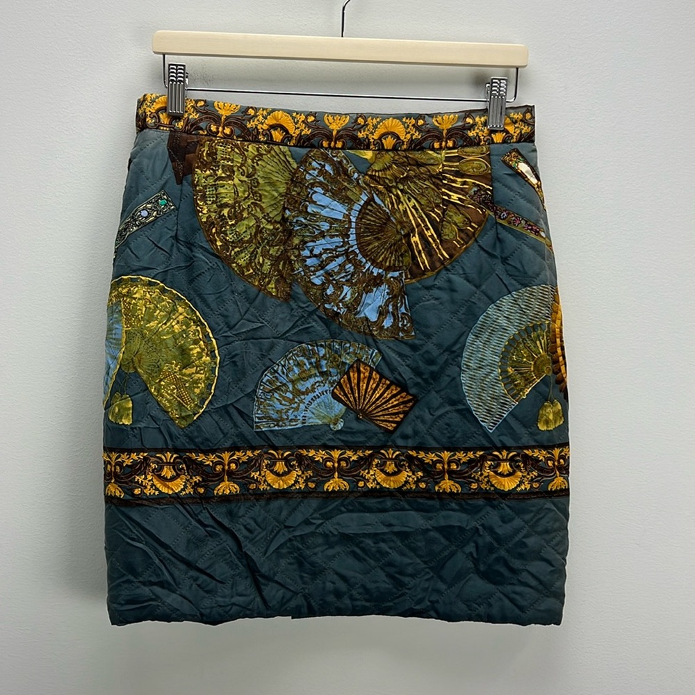 Vintage Renato Nucci Silk Mini Skirt Quilted Baroque Blue Gold Old Money US 12